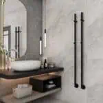 Dante matt black electric designer towel rail combines bold style with energy efficiency, strong durability, and modern appeal for contemporary bathrooms