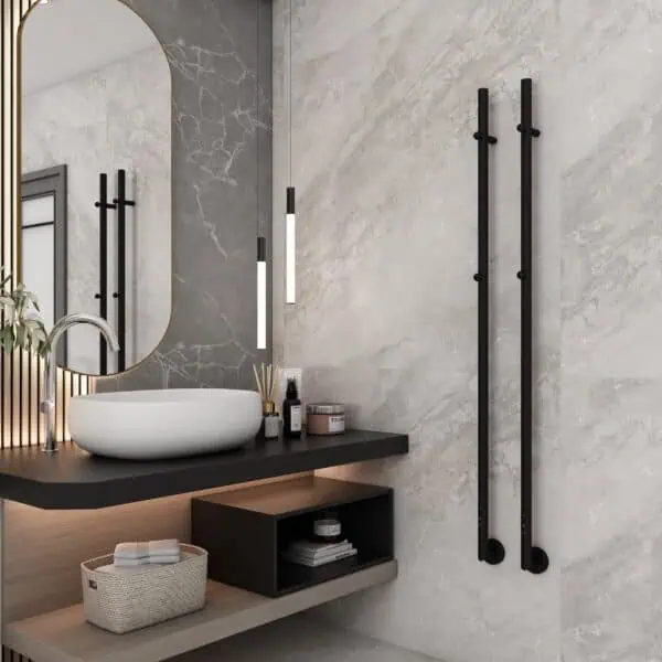 Dante matt black electric designer towel rail combines bold style with energy efficiency, strong durability, and modern appeal for contemporary bathrooms