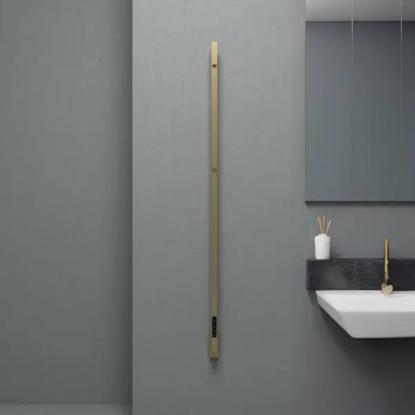 Maxim brushed brass PVD electric designer towel rail offers premium warmth, elegant finish, and long-lasting performance for modern luxury bathrooms.