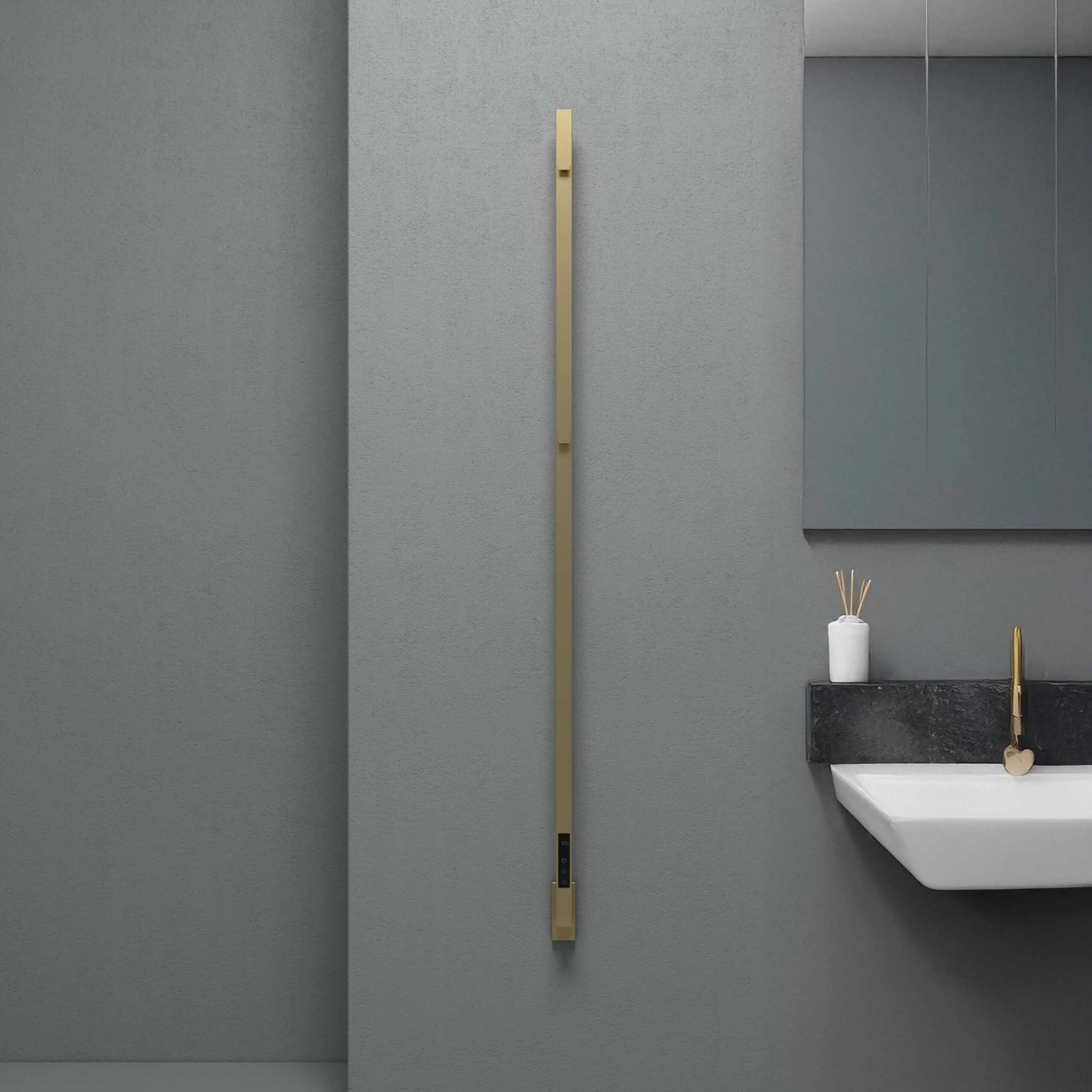 18MAX15000300133-min Maxim brushed brass PVD electric designer towel rail offers premium warmth, elegant finish, and long-lasting performance for modern luxury bathrooms.
