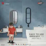 Scale baby standing on; stylish bathroom with mirror and towel rail; easy to install bathroom scale; modern bathroom accessories; child-friendly weight scale.
