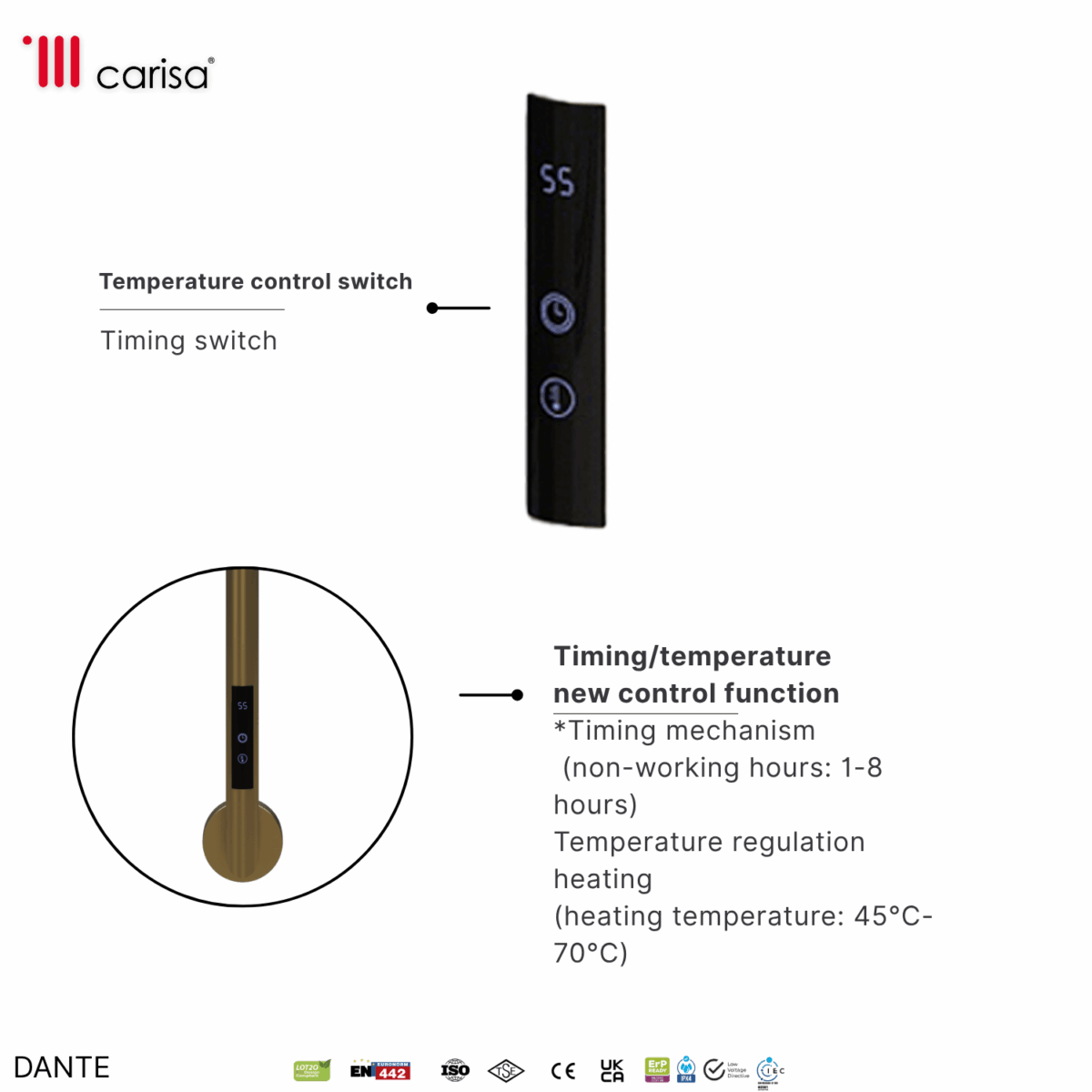 Carisa Dante Brushed Brass PVD Electric Towel Rail
