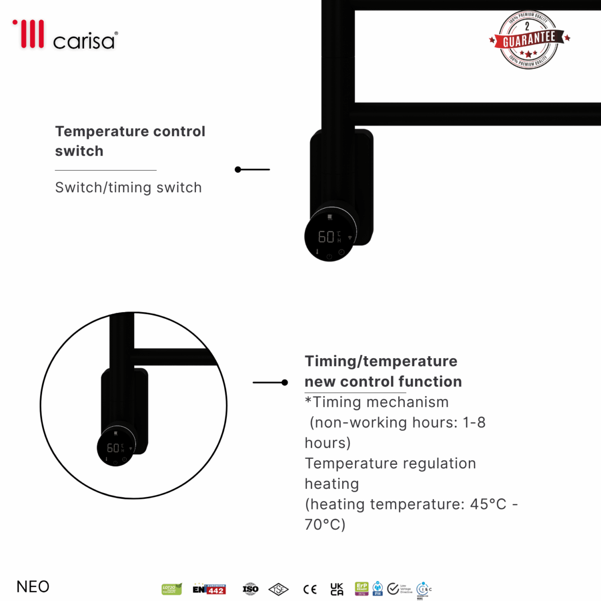 Carisa Neo Matt Black Electric Designer Towel Rail