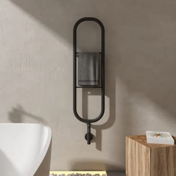 Felix matt black electric designer towel rail combines bold modern design, efficient warmth, and durable build for stylish, contemporary bathroom spaces