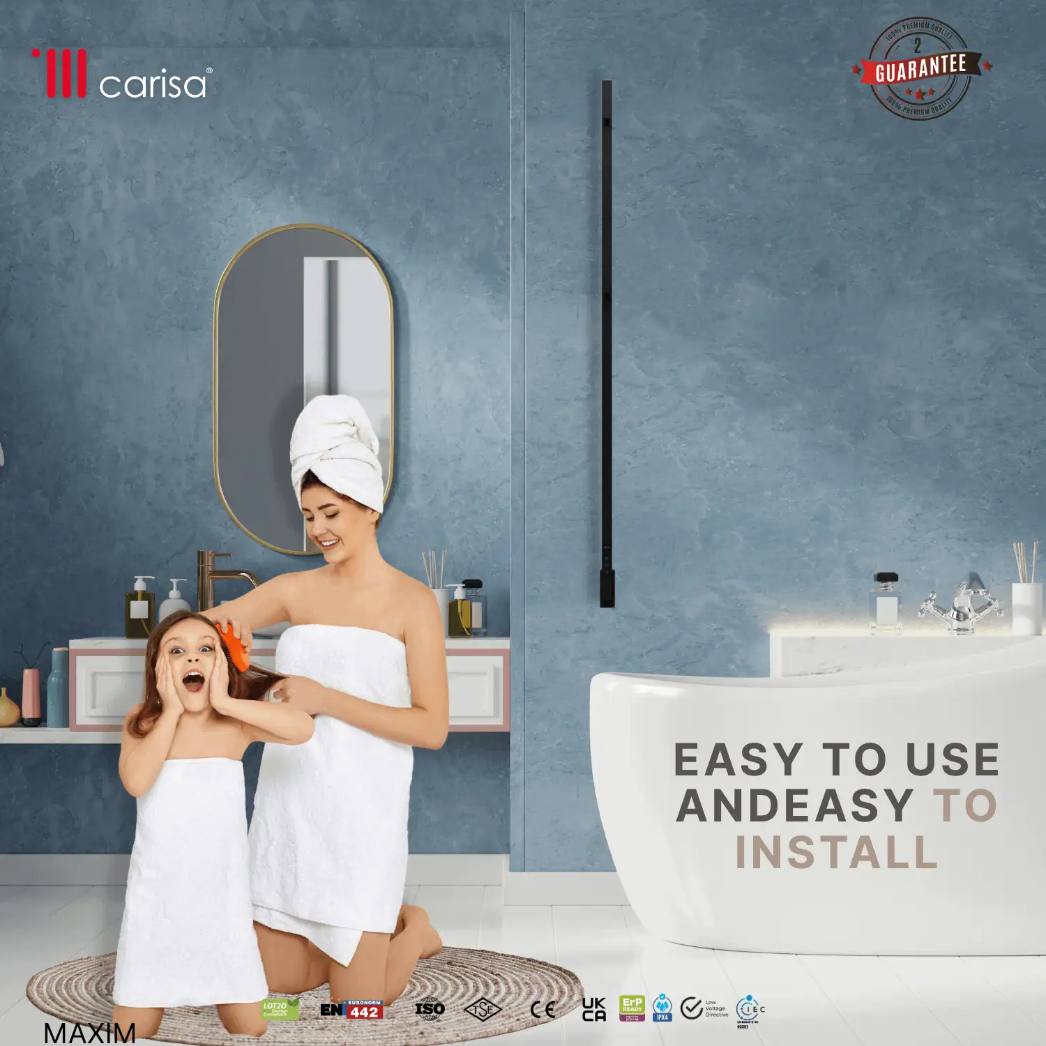 (İngilizce) Shower curtain rail installation in modern bathroom with mother and daughter.