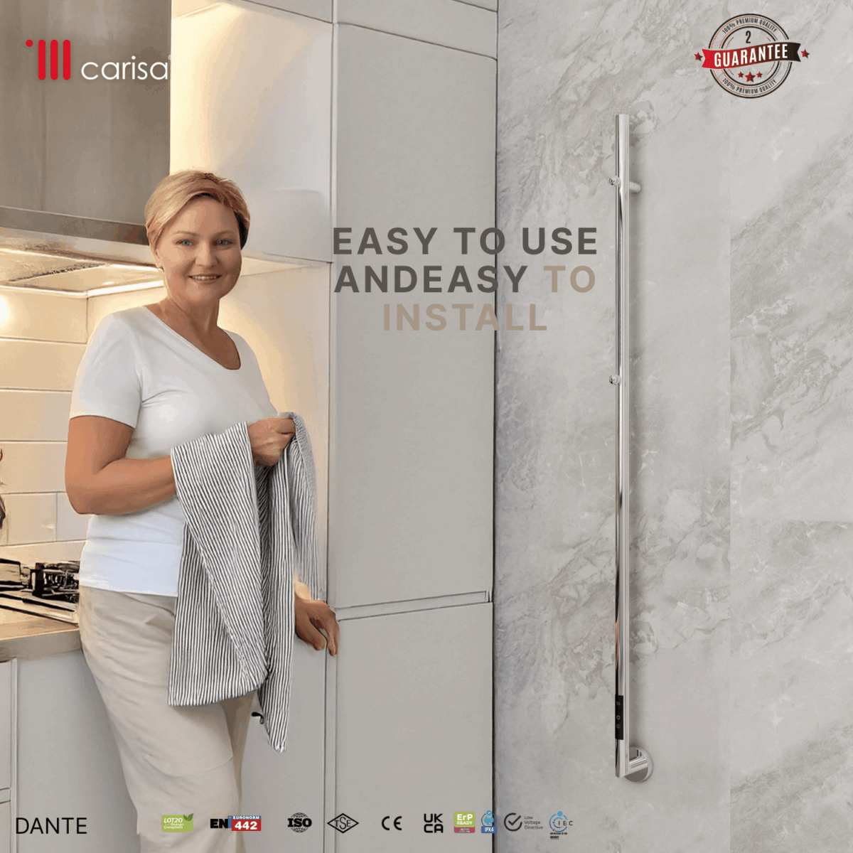 Carisa Dante Mirror Polished Electric Designer Towel Rail