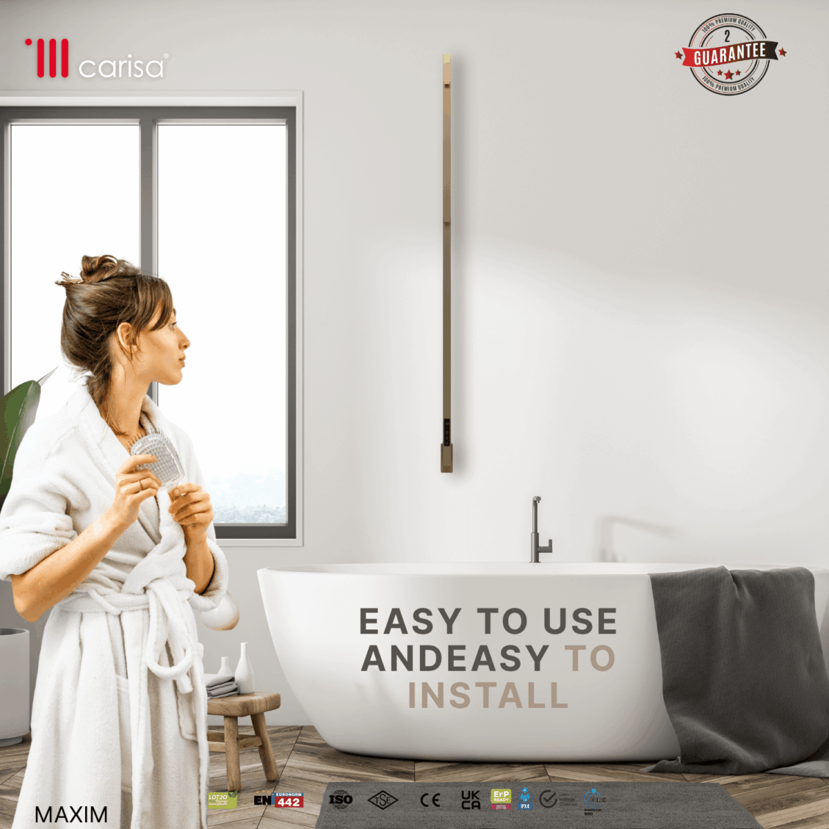 Carisa Maxim Brushed Brass PVD Electric Designer Towel Rail