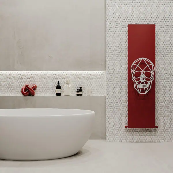 Stylish modern bathroom with decorative skull radiator and minimalist design.