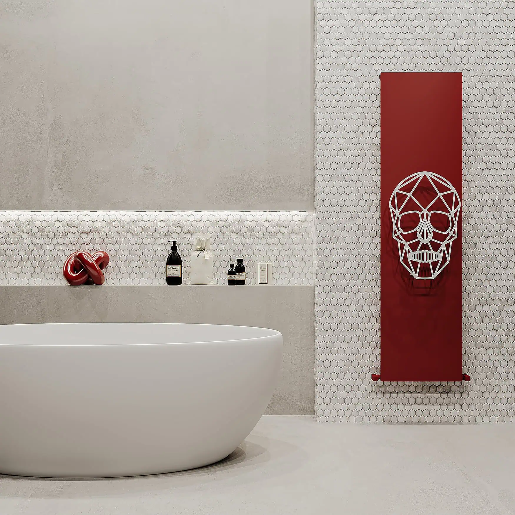 10SKU18000470054510 Stylish modern bathroom with decorative skull radiator and minimalist design.
